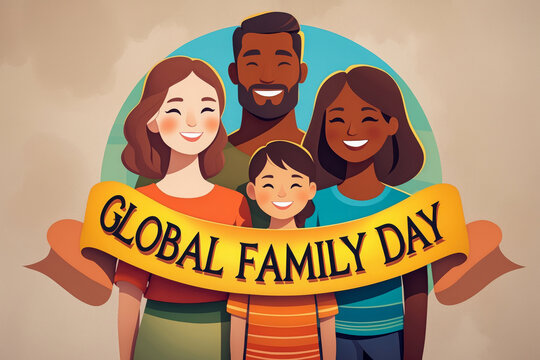 Greeting card for international family day, smiling happy people parents and children AI Generative