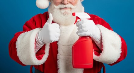 Santa claus holds cleaning spray with thumbs up gesture for holiday cleaning theme
