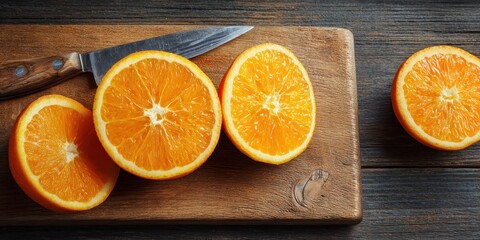 Sliced oranges with a knife on a wooden cutting board with a dark wooden background