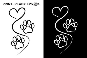 Distressed vector design featuring a heart, a flowing line, and two paw prints, presented in black and white outlines, conveying pet love, animal companionship, loyalty, and graphic motifs for print © usman