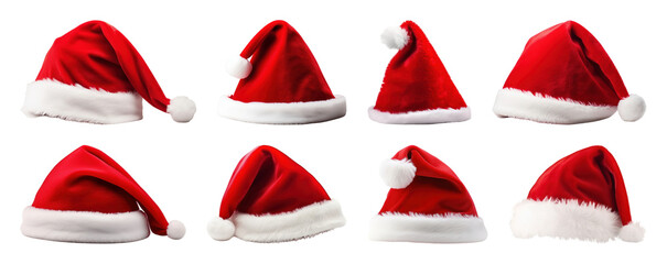 Fototapeta premium PNG Festive red Santa hats collection, element set on transparent background