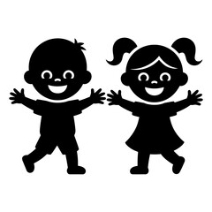 Kids, boy and girl, happy icon Silhouette vector on white background