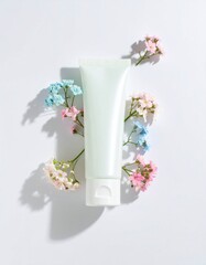 Skincare tube mockup with pastel floral decor.