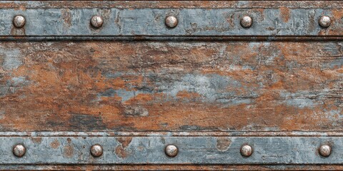 Weathered wooden planks with distressed blue metal straps and rivets texture