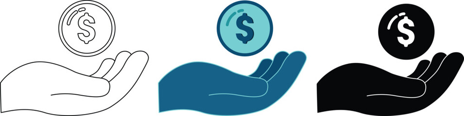 Three symbol variations of a hand holding a dollar coin showing a line art style a color version and a black silhouette for financial growth themes