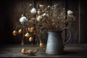 Rustic pitcher holding dried wildflowers and seed pods against a dark wooden background