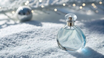 Elegant glass perfume bottle resting on soft white snow with blurred festive bokeh lights in the background