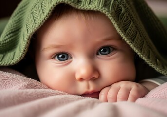 Adorable Baby Peeking Out from Under Green Blanket &mdash; Cozy Newborn Portrait