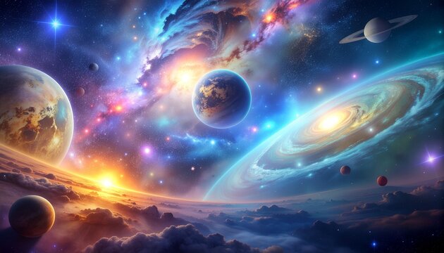 fantastic multicolored outer space with stars, constellations, galaxies, planets and nebulae.