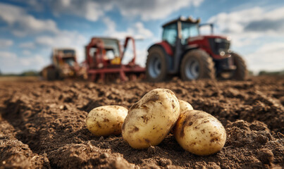 A low-angle, shallow depth-of-field shot of freshly harvested potatoes in the foreground on dark soil, with a tractor and farm machinery blurred in the background working the field.