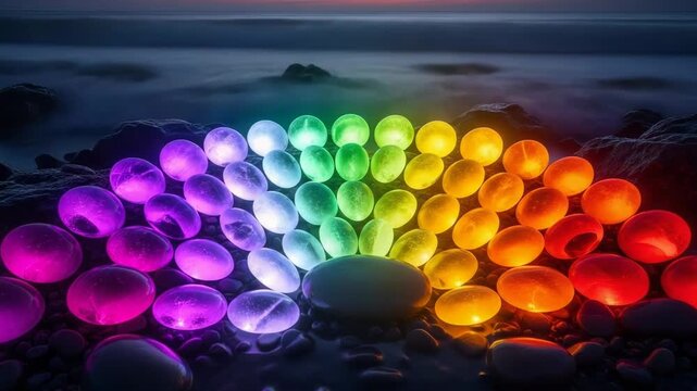 Glowing rainbow pebbles arranged in a semicircle on a beach at dusk
