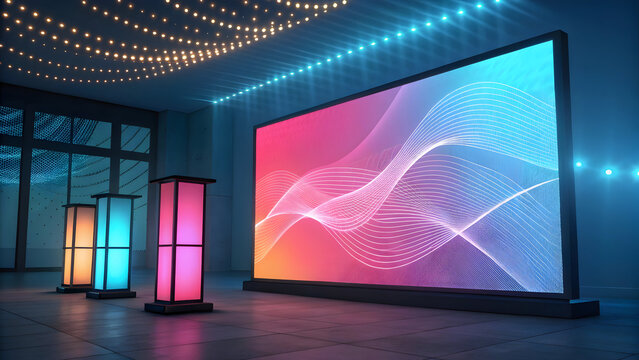 Vibrant led screen displays abstract wave patterns in modern room
