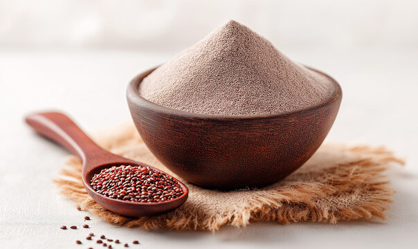 A studio shot of a brown bowl overflowing with a conical pile of light brown Ragi (finger millet) flour, placed next to a wooden spoon holding the dark red whole grains.