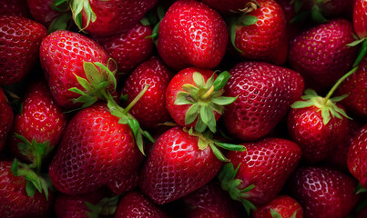 An overhead, full-frame close-up of a large pile of fresh, ripe strawberries with visible green stems.