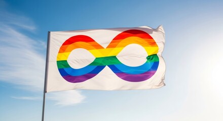 White flag with rainbow infinity symbol waving against blue sky. Autism spectrum, neurodiversity movement. World Autism Awareness Day.