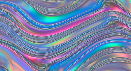 Fototapeta premium Abstract wavy holographic background with iridescent colors and metallic sheen.