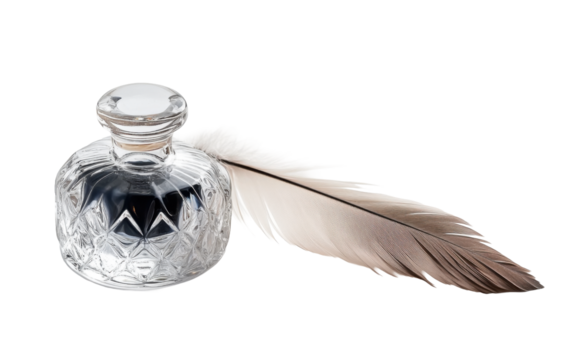 Feather quilt pen with black ink in glass jar on white background.png