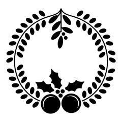 Christmas decoration, round frame with holly leaves, oranges and mistletoe branch icon Silhouette vector style on white background