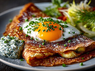 a plate of food featuring a crepe with a sunny-side-up egg topped with chives and a sprig of dill, accompanied by a side salad with tomatoes, and a small dollop of sauce.