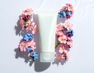 Skincare tube with flowers and water drops.