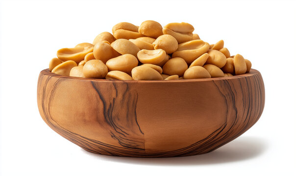 A close-up, eye-level studio shot of a rustic wooden bowl filled with shelled, roasted peanuts (groundnuts), isolated on a white background.