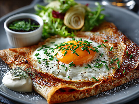 a plate of food featuring a crepe with a sunny-side-up egg topped with chives and a sprig of dill, accompanied by a side salad with tomatoes, and a small dollop of sauce.
