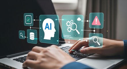 Fototapeta premium Holographic AI Interface over Laptop with Head Silhouette and Gears Icon