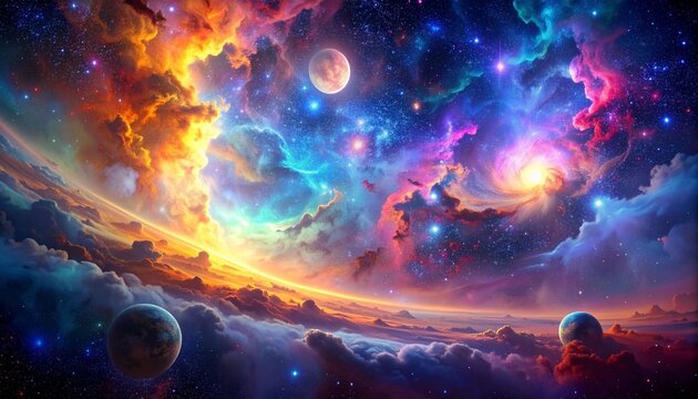 fantastic multicolored outer space with stars, constellations, galaxies, planets and nebulae.