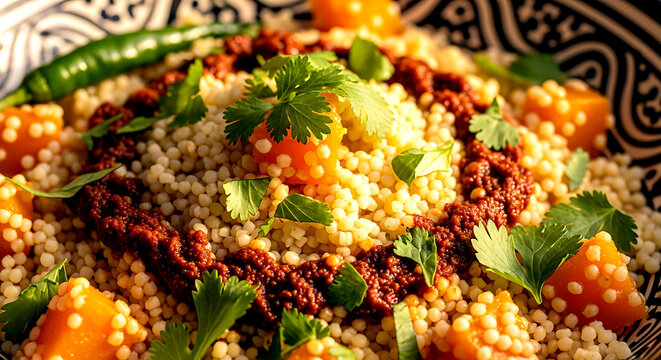 Tunisia Pumpkin Couscous (Couscous bil Qar'). with harissa and herbs, semolina grains and vegetable pieces 