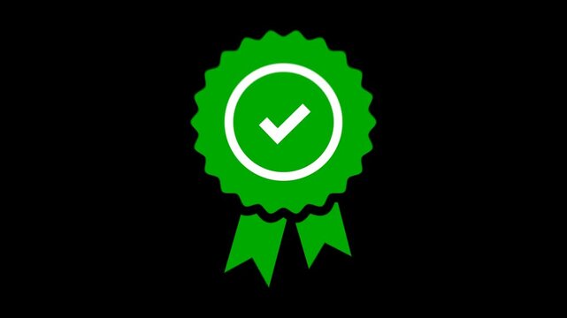 reen quality guarantee icon animation with checkmark symbol video on Transparent Background. Certified approval badge for awards, promotions, success, and achievement RGB ALPHA