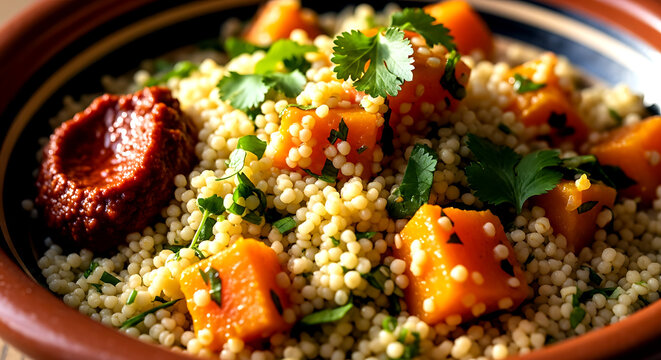 Tunisia Pumpkin Couscous (Couscous bil Qar'). with harissa and herbs, semolina grains and vegetable pieces 