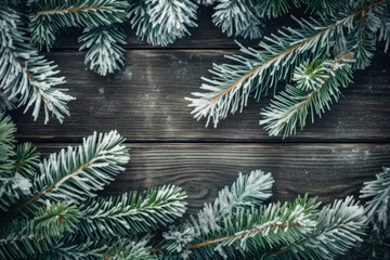 Frosted Evergreen Branches Border on Rustic Wood