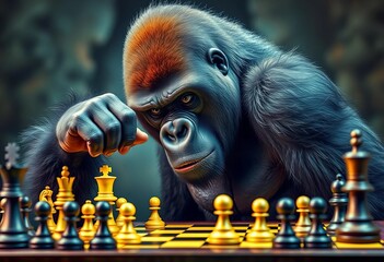 A powerful gorilla intensely focused on a chessboard, hand reaching for a piece,  powerful,  white