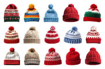 PNG Colorful knitted winter hats, element set on transparent background