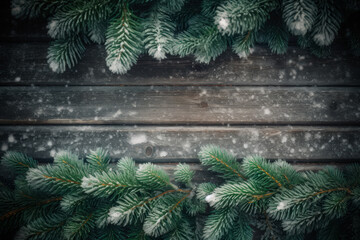 Frosted Evergreen Branches Border on Rustic Wood