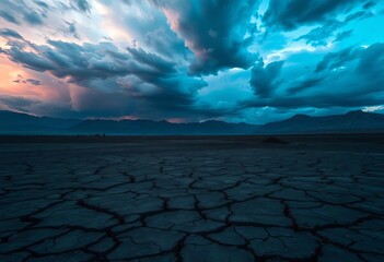 A storm-ravaged landscape, dark skies, cracked earth,  power,  turmoil