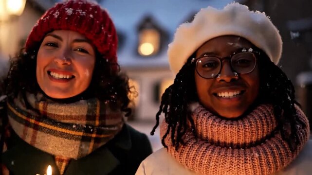 Street Carolers at Night &mdash; Joyful Christmas Singers in Festive City Lights
