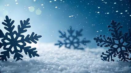 Close up of dark blue snowflake decorations resting on sparkling white snow with a soft bokeh background of falling snow