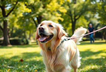 Happy golden retriever on leash, enjoying a sunny walk in park,  sunny,  animal