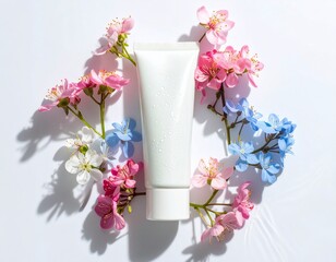 Skincare tube with flowers and water drops.