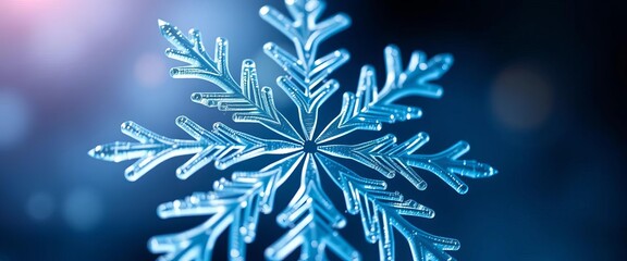 Intricate, symmetrical snowflake design with delicate icy blue hues, snow crystal, blue