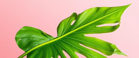 Large vibrant green Monstera deliciosa leaf with characteristic fenestrations against a plain background, Monstera,  vibrant