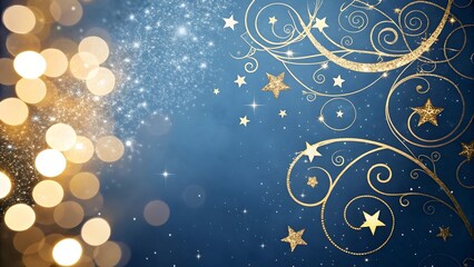 Sparkling golden swirls and stars adorn a deep blue background with soft bokeh lights on the left side