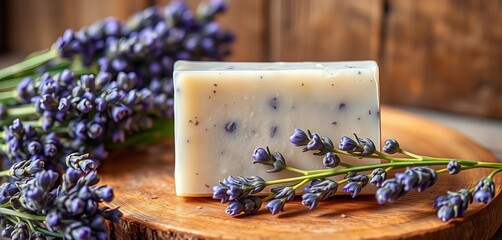 Lavender infused homemade soap bar, rustic setting,  lavender flowers,  essential oil