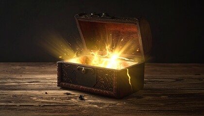 Mysterious Treasure Chest Unveiling Glowing Light on a Wooden Surface