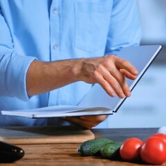 Person using a laptop in a kitchen with fresh vegetables