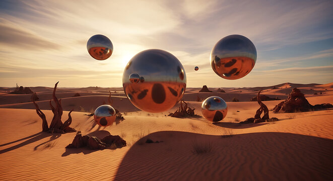 Surreal Desert Landscape Photos Reflective Spheres Hovering Above Sandy Terrain at Sunset