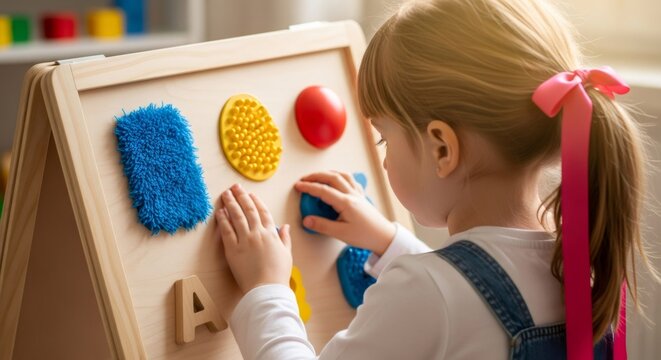 Little caucasian girl touching sensory board for education and therapy. Early development and autism spectrum disorder support concept. World Autism Awareness Day.