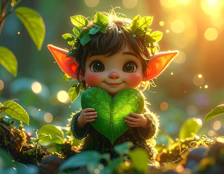 Cute Kawaii Elf Holding Heart-Shaped Leaf in Bright Nature