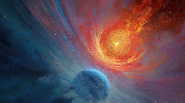 thermosphere. A painterly solar corona explosion with rippling aurora energy cascading toward a small blue planet. STEM education sheets.